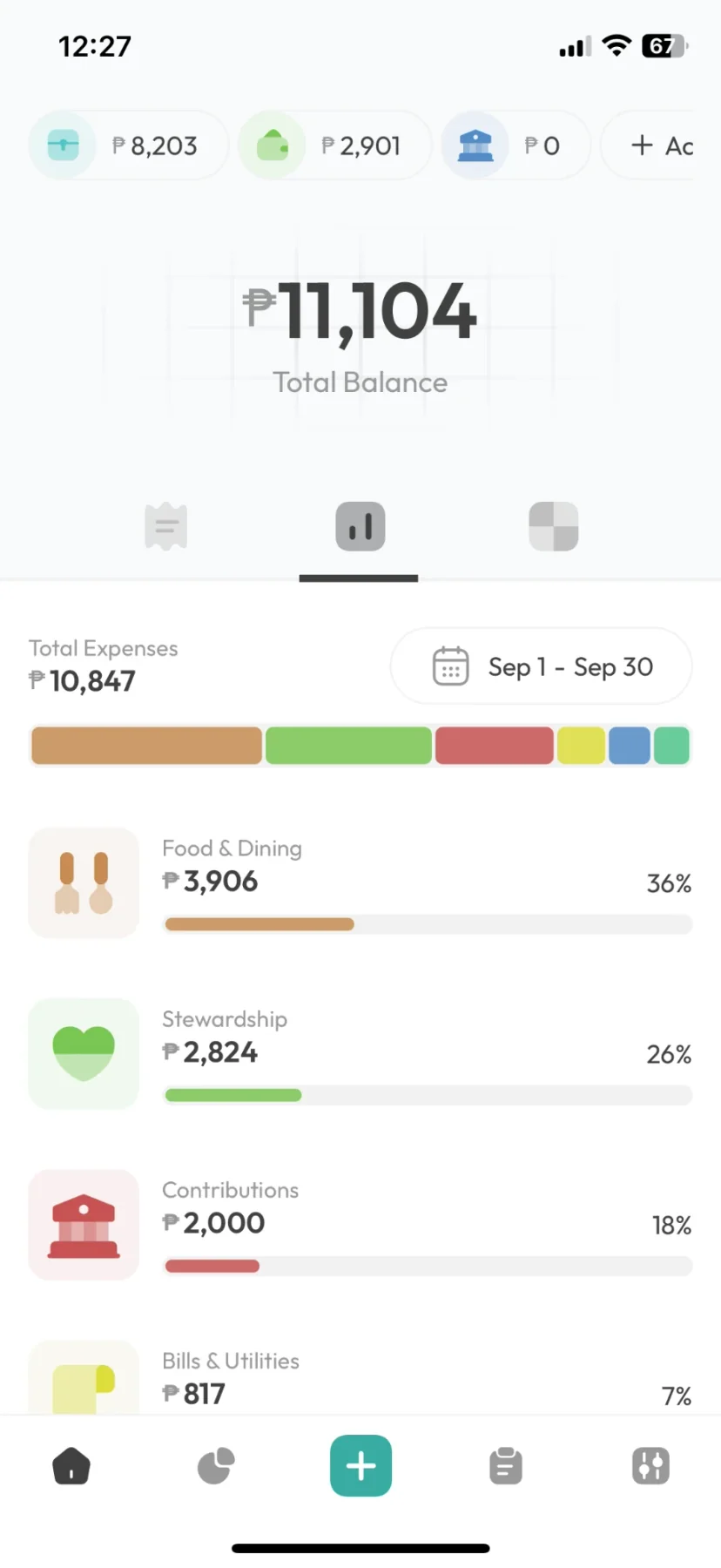 The Kashaa breakdown view: spending by category over a chosen date range
