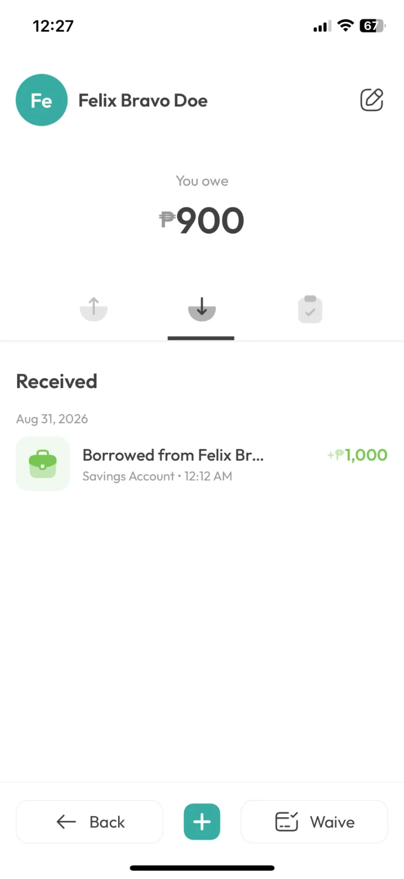 A Kashaa payee detail screen showing the balance you owe alongside its full history