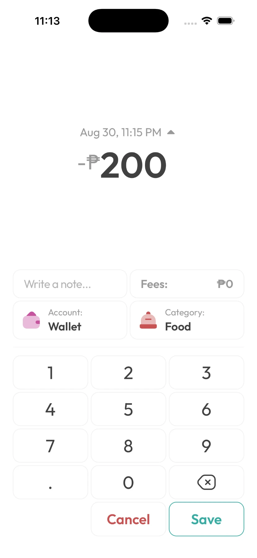 The Kashaa entry screen: a full-screen number pad with account, category, note and fee fields above it
