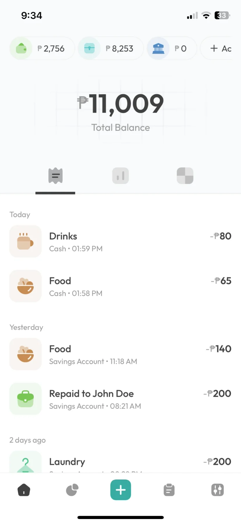 The Kashaa home screen: each account's balance in a row, one total balance across all of them, and the day's records below