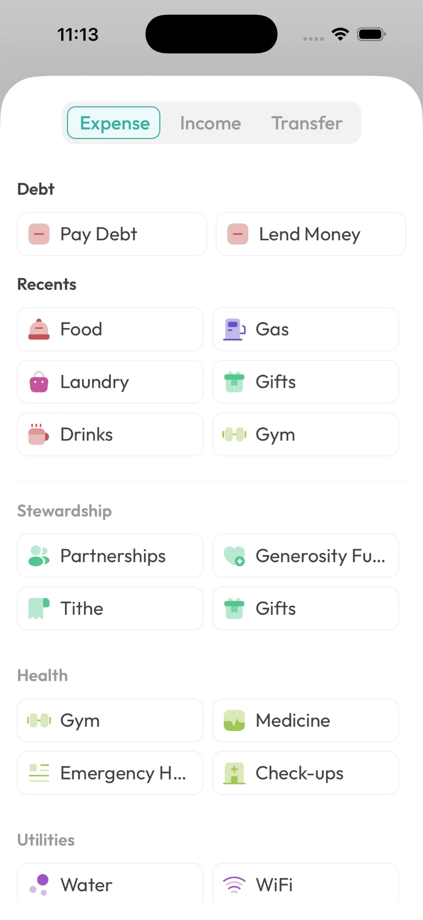 The Kashaa category picker, leading with the subcategories used most often