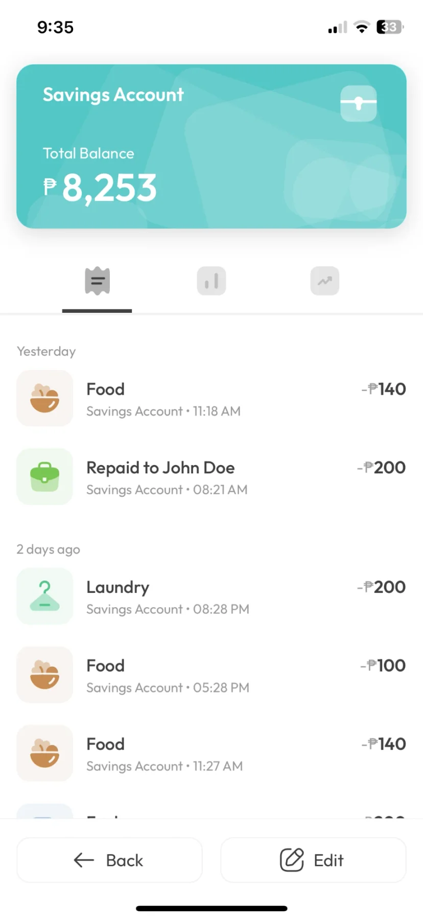 A Kashaa account screen: the account's balance above its own records, grouped by day