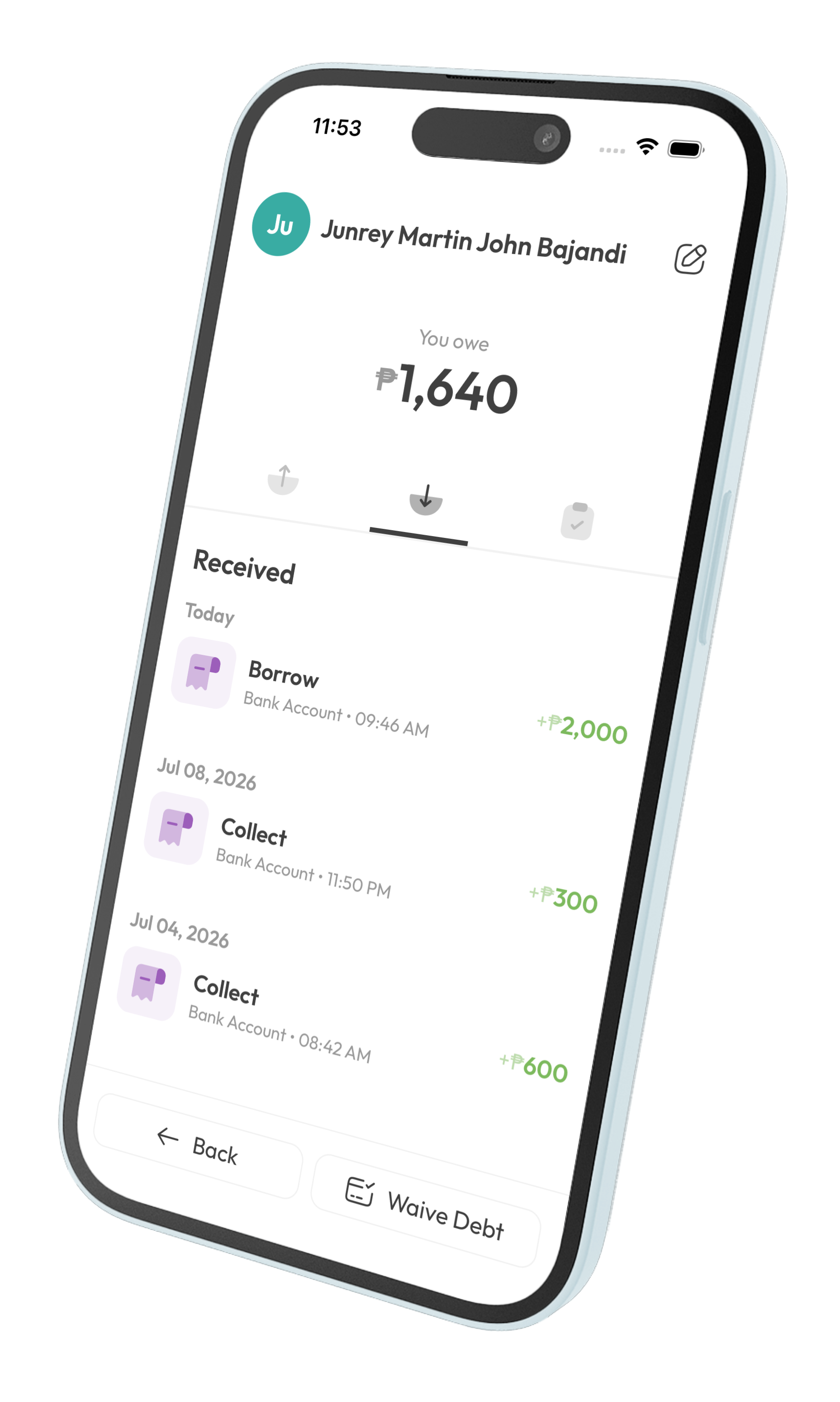 Kashaa debt tracking screen showing utang owed by a payee with transaction history
