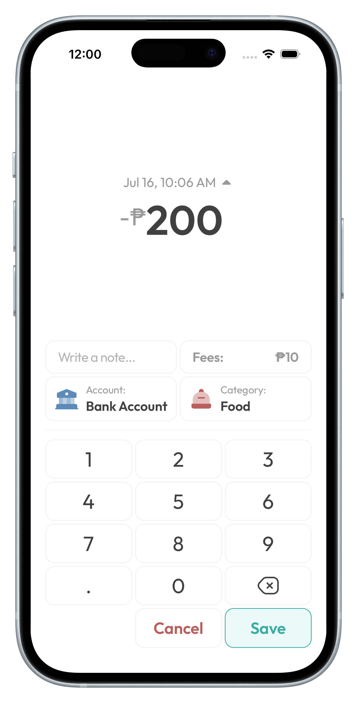 Kashaa fast expense entry screen with number pad and account selector